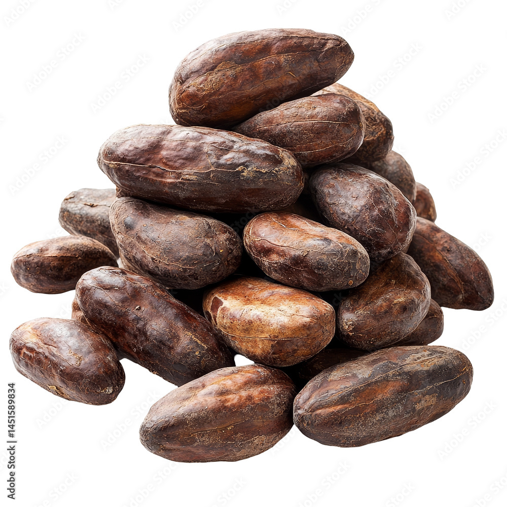 Poster a closeup view of a pile of cocoa beans on a clean transparent background showcasing their rich, ear