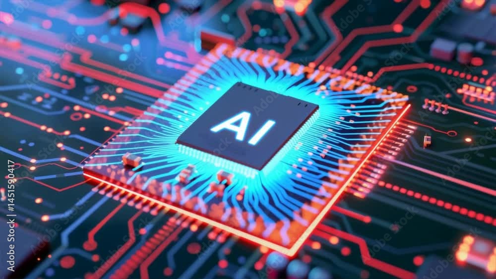 Poster close-up of a futuristic microchip featuring ai technology with vibrant circuitry.