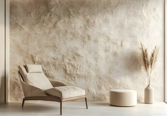Minimalist Beige Living Room Interior with Chaise Lounge and Textured Wall