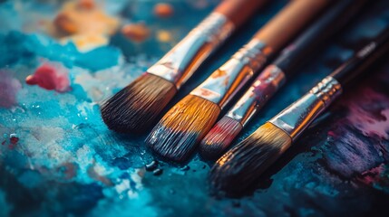 Obraz premium Artistic Palette: Close-up of Paintbrushes on a Vibrant Abstract Canvas