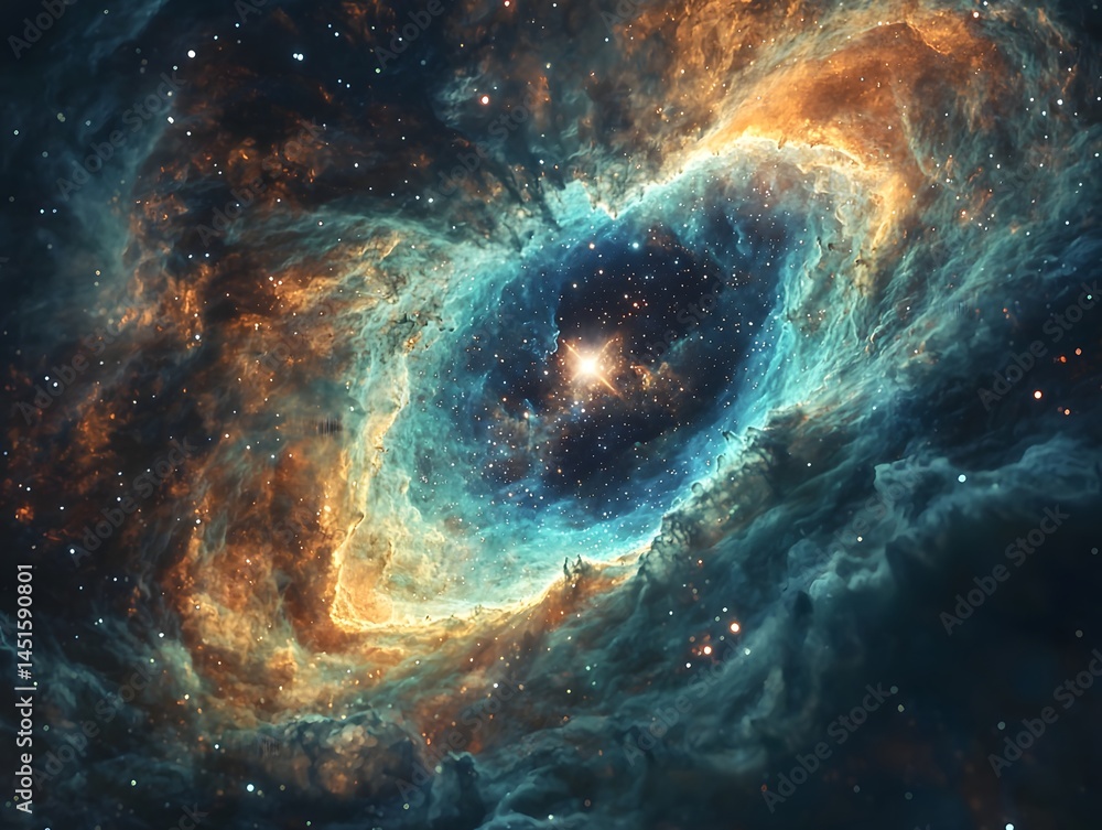 Poster glowing spiral nebula with a dazzling star cluster at its core