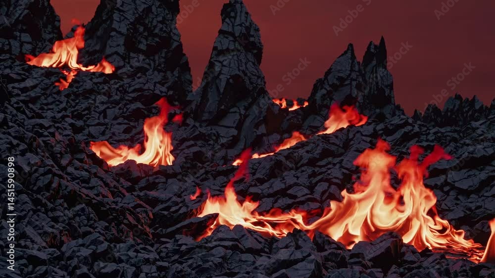 Poster dramatic low-angle video still of fiery lava flowing through jagged rocks, creating a dynamic and in