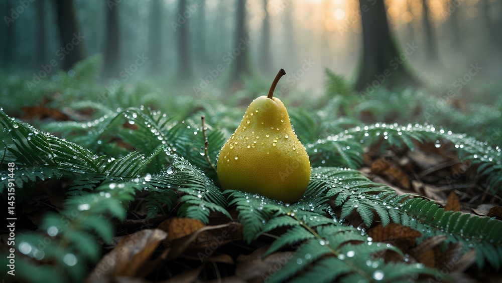 Poster pear sitting on ferns with water droplets in forest setting