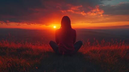 Woman Contemplating at Sunset Over Hills