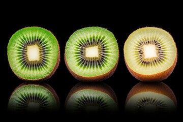 Three kiwi slices, different ripeness stages, displayed against black background with reflections