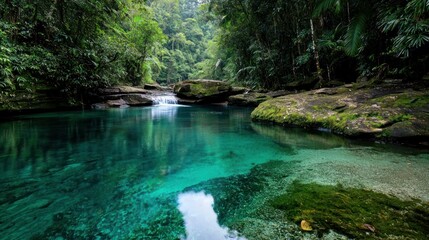 Naklejka premium A turquoise pool of water nestled in a lush green forest