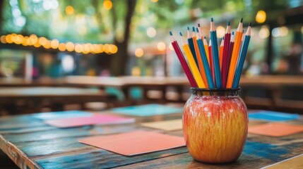 Colorful pencils in a decorative vase on a wooden table outdoors