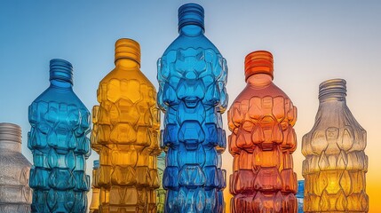 Colorful plastic bottles against a sunset sky.  Close-up view of textured, vibrantly hued bottles in various shades