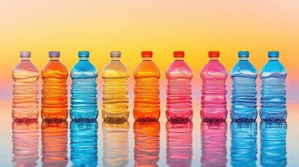 Colorful plastic water bottles in a row, reflected on a surface, against a sunset background.  A variety of vibrant colors are showcased, from oranges to pinks and blues