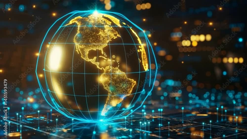 Poster a digital globe representing global connectivity and technological advancements with glowing lights 