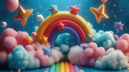 Colorful rainbow archway scene with clouds, stars, and balloons.  A playful, dreamy, and festive digital art design, perfect for children's parties, birthday decorations, or inspiring imagery