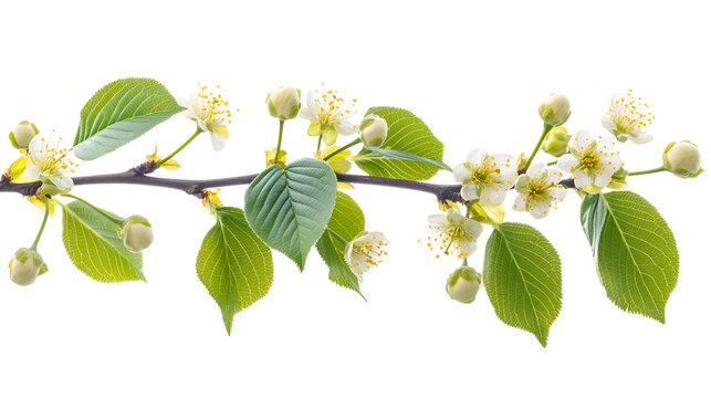Spring blossoms branch delicate white flowers green leaves black background,