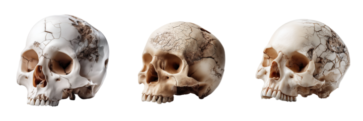 Indoor close-up photography artistic display of cracked skulls on transparent background

