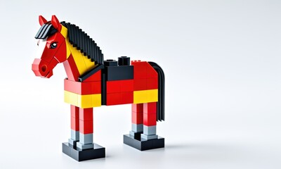 Naklejka premium Colorful toy horse made from building bricks on white background