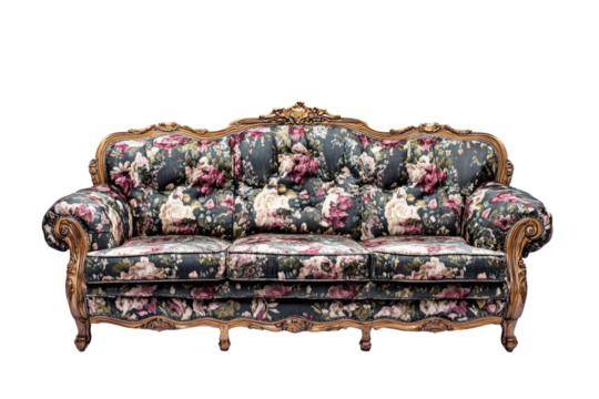 Ornate floral sofa  Richly detailed, vintage-style sofa with elaborate carvings and floral pattern
