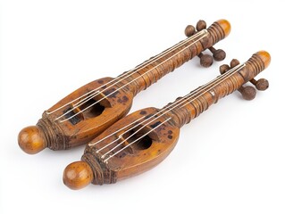 Antique Carved Wooden Stringed Instruments on White Background