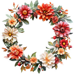 Obraz premium A vibrant dahlia and flower wreath adorned with autumn colors on a pristine transparent background, showcasing natural beauty and artistry, Dahlia and flowers floral wreath on whtie background cutouts