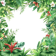 Fototapeta premium Vibrant tropical foliage creating a lush natural frame for a blank background, Tropical foliage plant bush nature frame layout of Fish PNG transparent