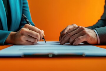 Two people are signing an agreement with a pen on a sheet of paper, on an orange table.