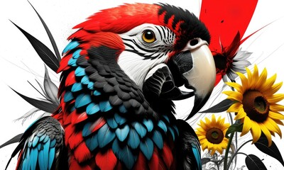 Obraz premium Vibrant macaw with sunflowers: colorful wildlife and nature art