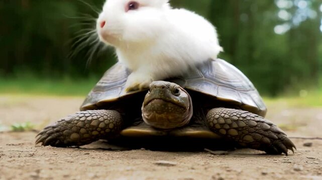 4K funny and cute video of white rabbit sitting on tortoise back outdoors, perfect for animal humor, friendship concept, kids content, nature clips, or motivational storytelling
