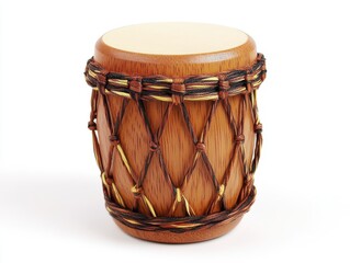 Brown Wooden Drum with Intricate Woven Details on White Background