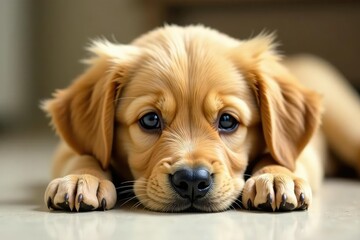 Golden Retriever puppy lies down, ears perked , studio, fur, happy puppy