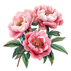 Obraz premium Delicate peonies in soft pink hues with lush green leaves against a pristine transparent background, peonies flowers isolated on transparent background