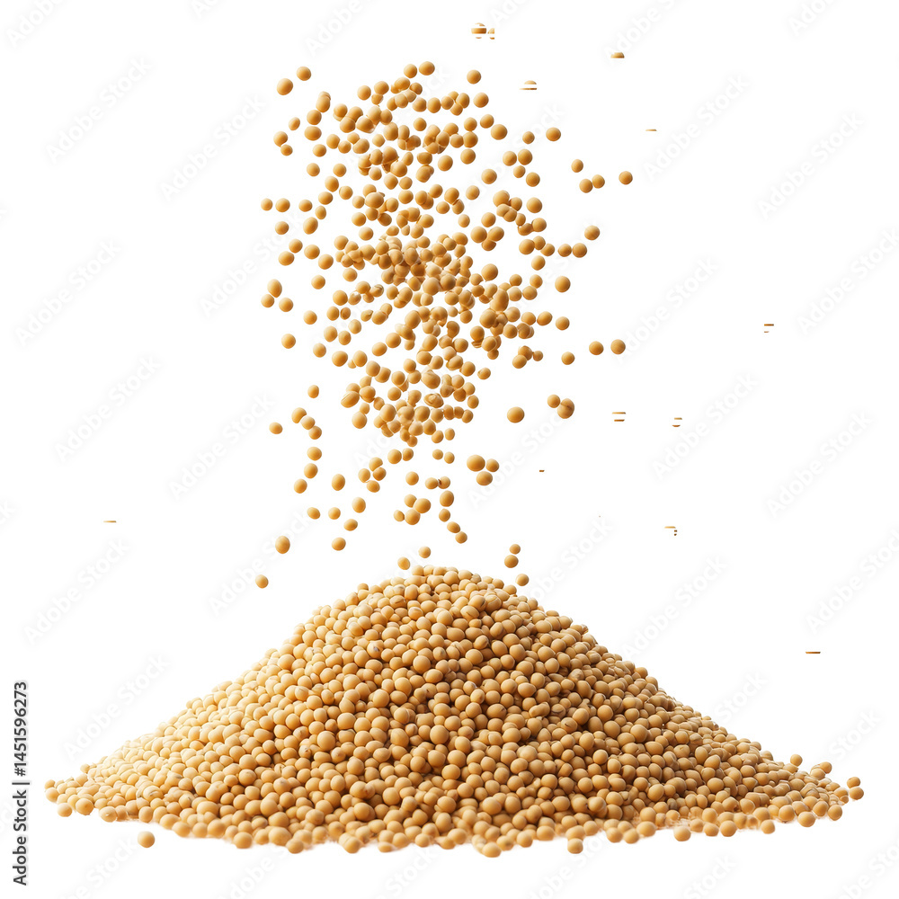 Poster soybeans cascading onto a mound of soybeans in a bright, isolated setting, soybean falling on heap o