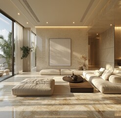 Modern beige apartment living room, sunlight, terrace view, interior design