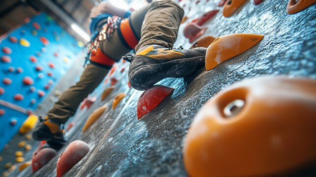 Close-up of Climber's Foot on Indoor Climbing Wall