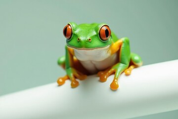 Obraz premium Green tree frog perched on white, vibrant skin, green frog, fauna, green