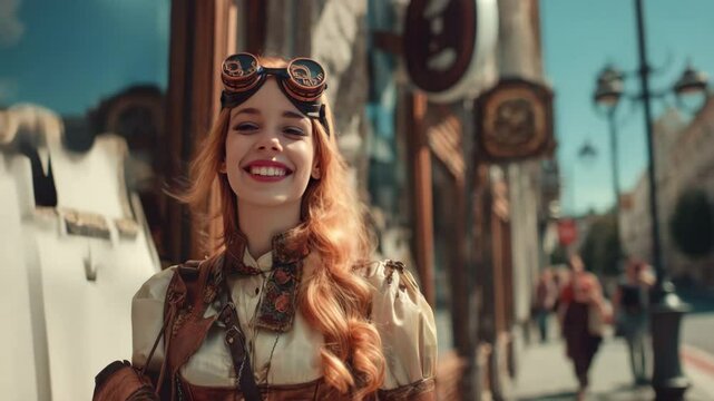 Happy red-haired girl smiles brightly in classic steampunk outfit on city street. steampunk style mixes vintage fashion and industrial charm. Lively energy captures essence of steampunk spirit.