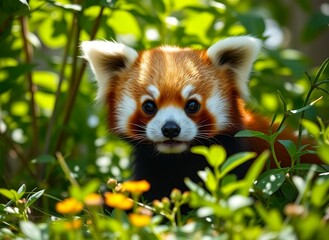 Obraz premium Cute Red Panda Peeking Through the Plants
