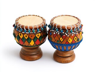 Colorful Handcrafted Drums with Beaded Accents on White Background