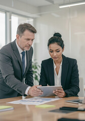 Obraz premium Finance Team Collaboration – Senior Male Mentor & Young Woman Manager Discussing Project in Office