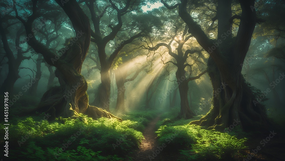 Poster sun rays through forest path with greenery in a foggy wood