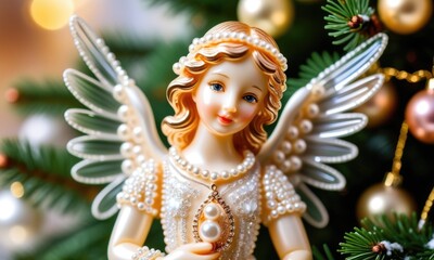 Elegant christmas angel ornament with pearls and wings on a festive tree