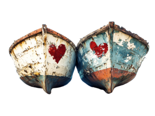 Two old boats with hearts painted on them symbolize love and aging