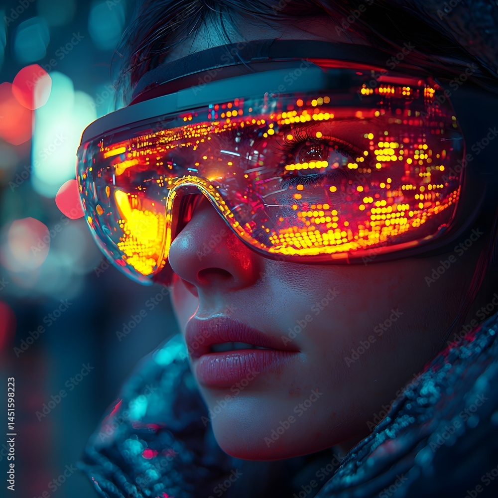 Aufkleber hacker with augmented reality glasses hacking into a city at night