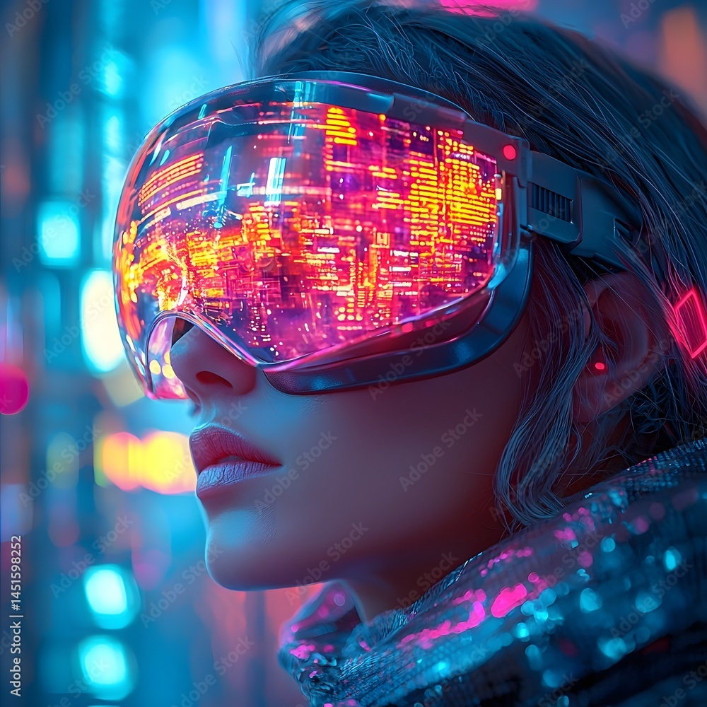Poster hacker in augmented reality visor exploring a neon lit city