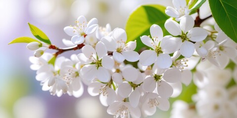 Fototapeta premium Closeup of blooming white cherry blossoms with green leaves in sunlight