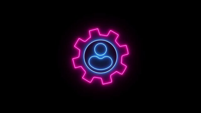 Glowing neon line man settings icon, blue color icon on black background. User setting.