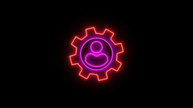 Glowing neon line man settings icon, blue color icon on black background. User setting.