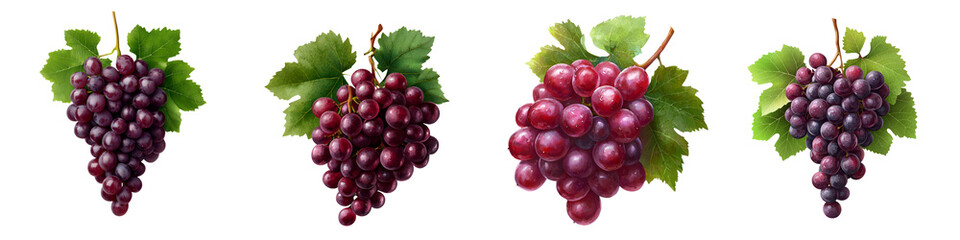 Bunches of fresh, ripe grapes on the vine with green leaves.