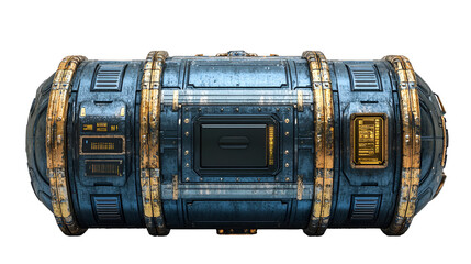 Futuristic metallic cargo container with gold accents digital displays and worn texture