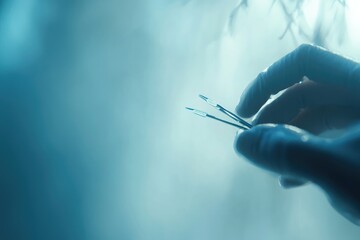 Gloved hand holding tweezers in a sterile environment, likely for medical or scientific purposes, blue and white background.