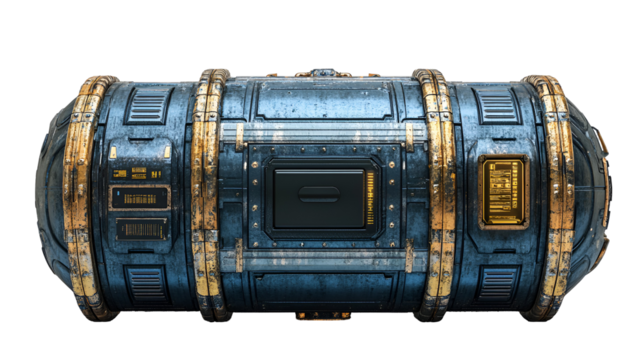 Futuristic metallic cargo container with gold accents digital displays and worn texture
