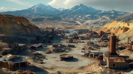 Abandoned industrial site in a remote mountainous region with weathered buildings and machinery under a clear sky with snow-capped peaks in the background