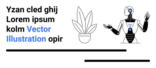 Modern robot interacting with technology, outlined potted plant, Latin sample text. Ideal for artificial intelligence, minimalism, technology, nature, innovation, futuristic design flat landing page